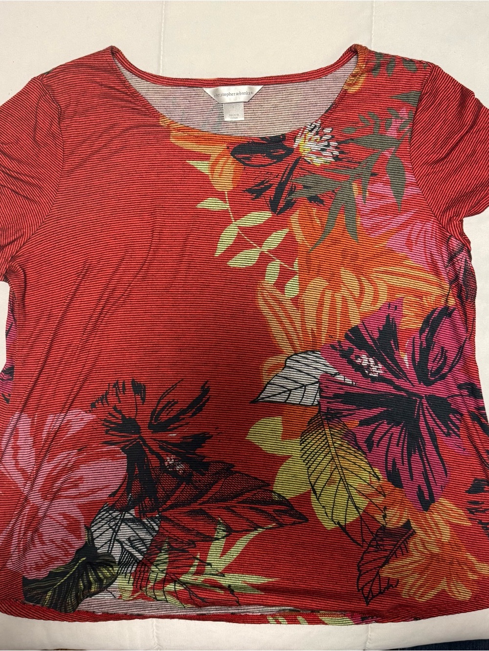 Christopher & Banks Red Floral Scoop Neck Top
